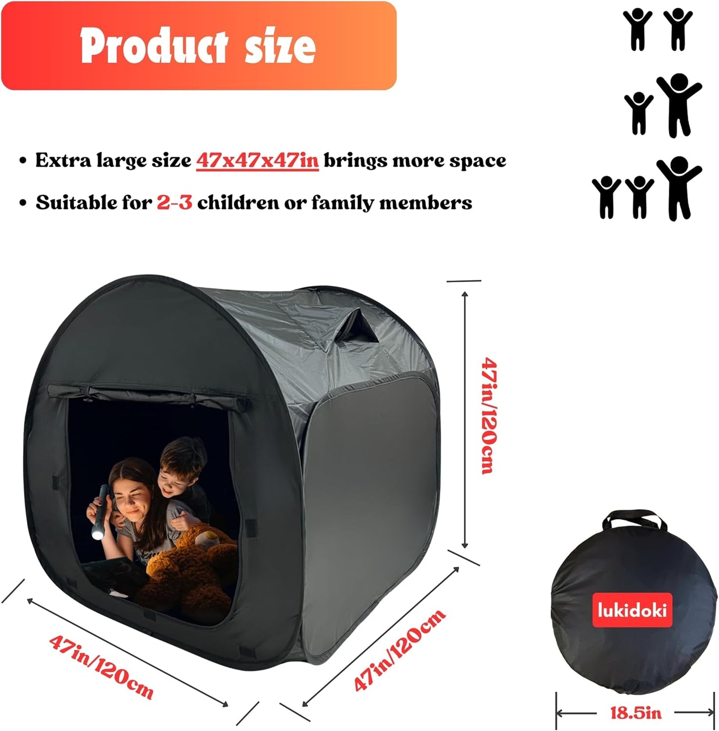 Upgraded Large Sensory Tent for Kids & Adults 47x47x47in- CPC Certified, Blackout Calm Corner for Kids with Autism, ADHD, SPD