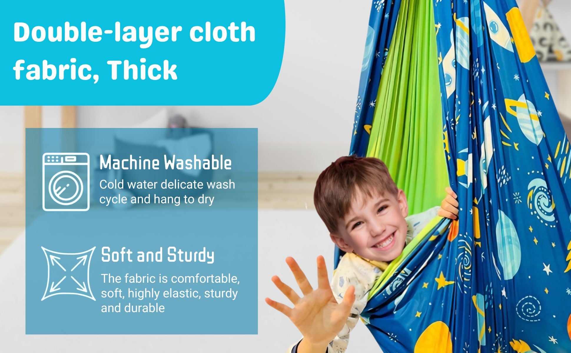 Made of soft-nylon that wide-wise and length-wise sensory swing