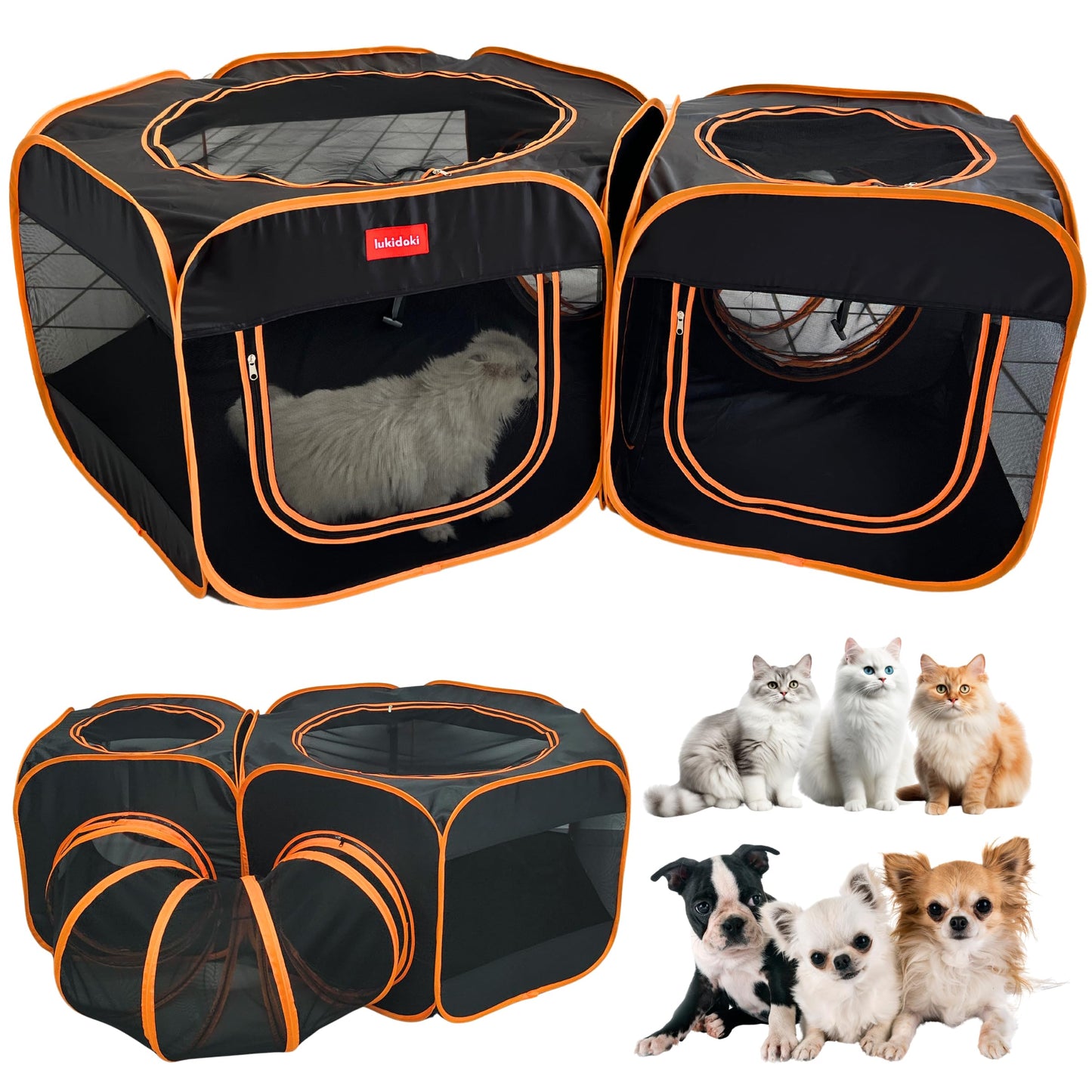 Portable Cat Dog Playpen Tent with Play Tunnel, Pop-up 3-in-1 Two-Room Pet Play House Tent, Foldable Pet Maternity Room for Puppy & Kitten, Condo for Small Animals Indoor Outdoor Play Tent