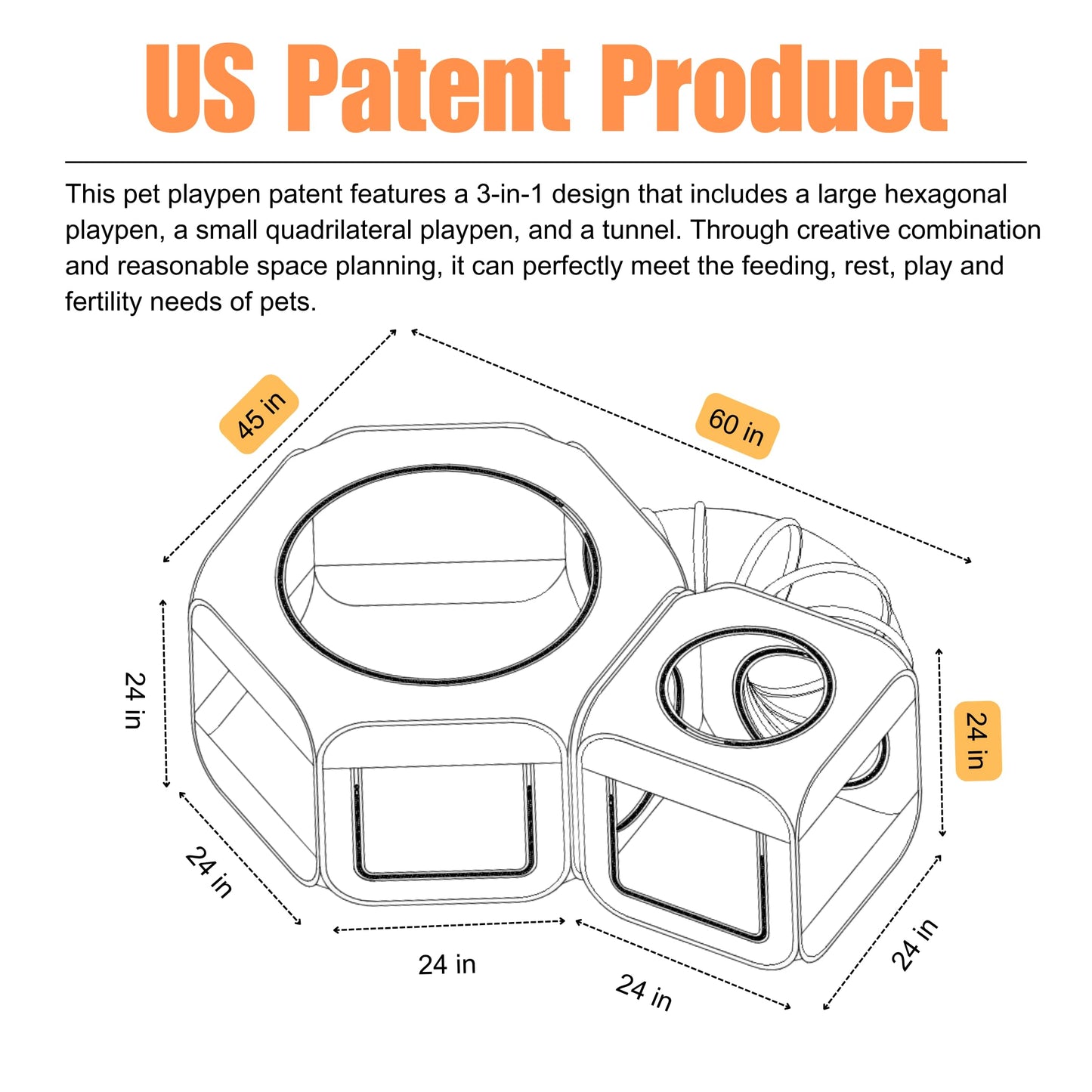 Portable Cat Dog Playpen Tent with Play Tunnel, Pop-up 3-in-1 Two-Room Pet Play House Tent, Foldable Pet Maternity Room for Puppy & Kitten, Condo for Small Animals Indoor Outdoor Play Tent