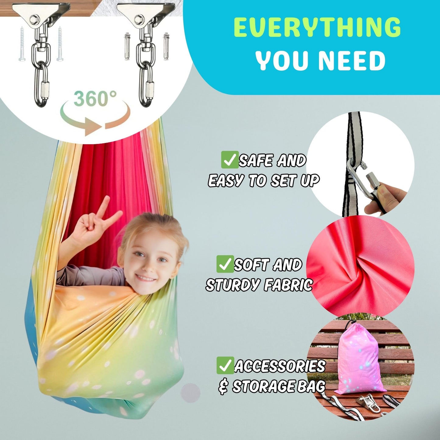 lukidoki 360° Swivel Sensory Swing - Indoor/Outdoor Hammock for Calming Compression Therapy, Perfect for Kids and Adults